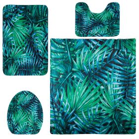 4Pcs Green Leaves Shower Curtain Set with Shower Curtain and 12 Hooks Non-Slip Rug Toilet Lid Cover U Shape Mat