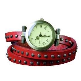 Fashionable Rivet Leather Belt Retro Watch Hand Chain-red