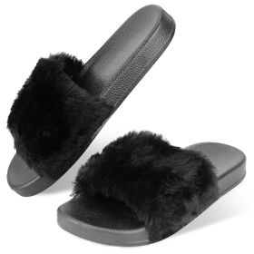 Women Faux Fur Slippers Open Toe Indoor Outdoor Flat Slide Sandals Anti-skid Lady House Shoes