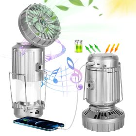 Camping Lantern with Fan Solar And USB Rechargeable LED Camping Fan With Wireless Speaker Compass Power Bank IPX4 Waterproof Emergency Hanging Light F