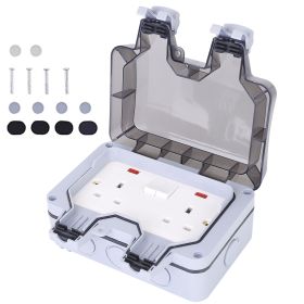 Double Outdoor Socket IP66 Waterproof 13A 2 Gang UK Plug Twin Switched Double Socket Electrical Wall Outlet Garden Socket Box w/ Lockable Covers