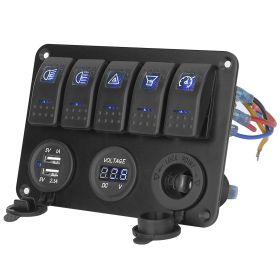5 Gang Marine Panel Switch Digital Voltmeter ON-OFF Toggle Rocker Aluminum Panel LED Display Dual USB Charger Switch Panel For 12/24V Car Marine Boat