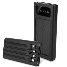 Portable Power Bank Solar Power 10000mAh Recharge External Battery Pack Ultra Slim Phone Tablet Charger w/ Type C Micro USB Lightning Cable
