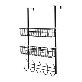 Over The Door Hooks Organizer Door Towel Rack Hanger 5 Hooks with 2 Metal Baskets for Bathroom Bedroom Kitchen Storage Shelf
