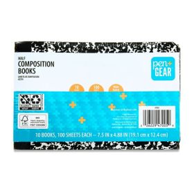 Pen+Gear Wide Rule Half Composition Book – 7.5" x 4.88", Black and White, 100 Pages, 10 Pack, New