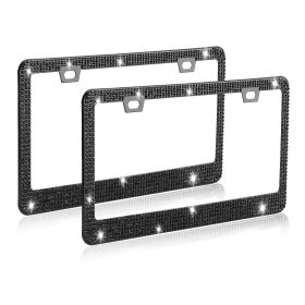 2Pcs Bling License Plate Frames Sparkly Glitter Stainless Steel Diamond Car Plate Cover Bracket Holder w/ Bling Cap Screw Set