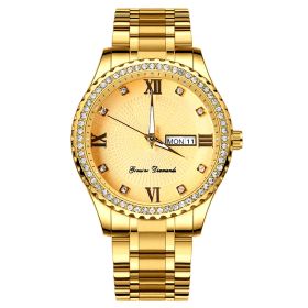 Quartz Watch Luxury Crystal Rhinestone Men Watch Diamond Gold Steel Shiny Round Business Wristwatch w/ Luminous Hands